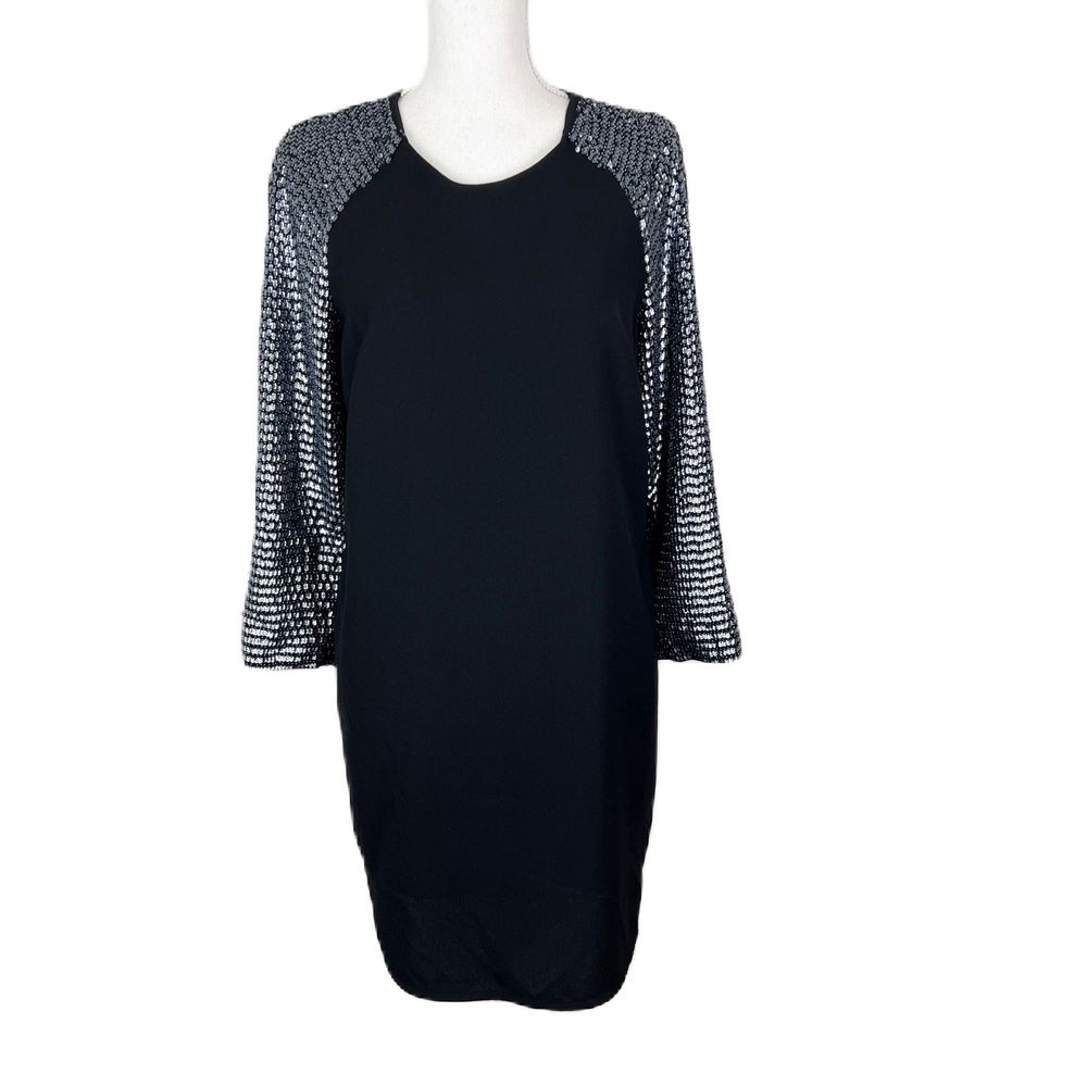 Whistles Dress Women 6 Black Silver Sequin Long Sleeve A-Line Mini Formal LBD
